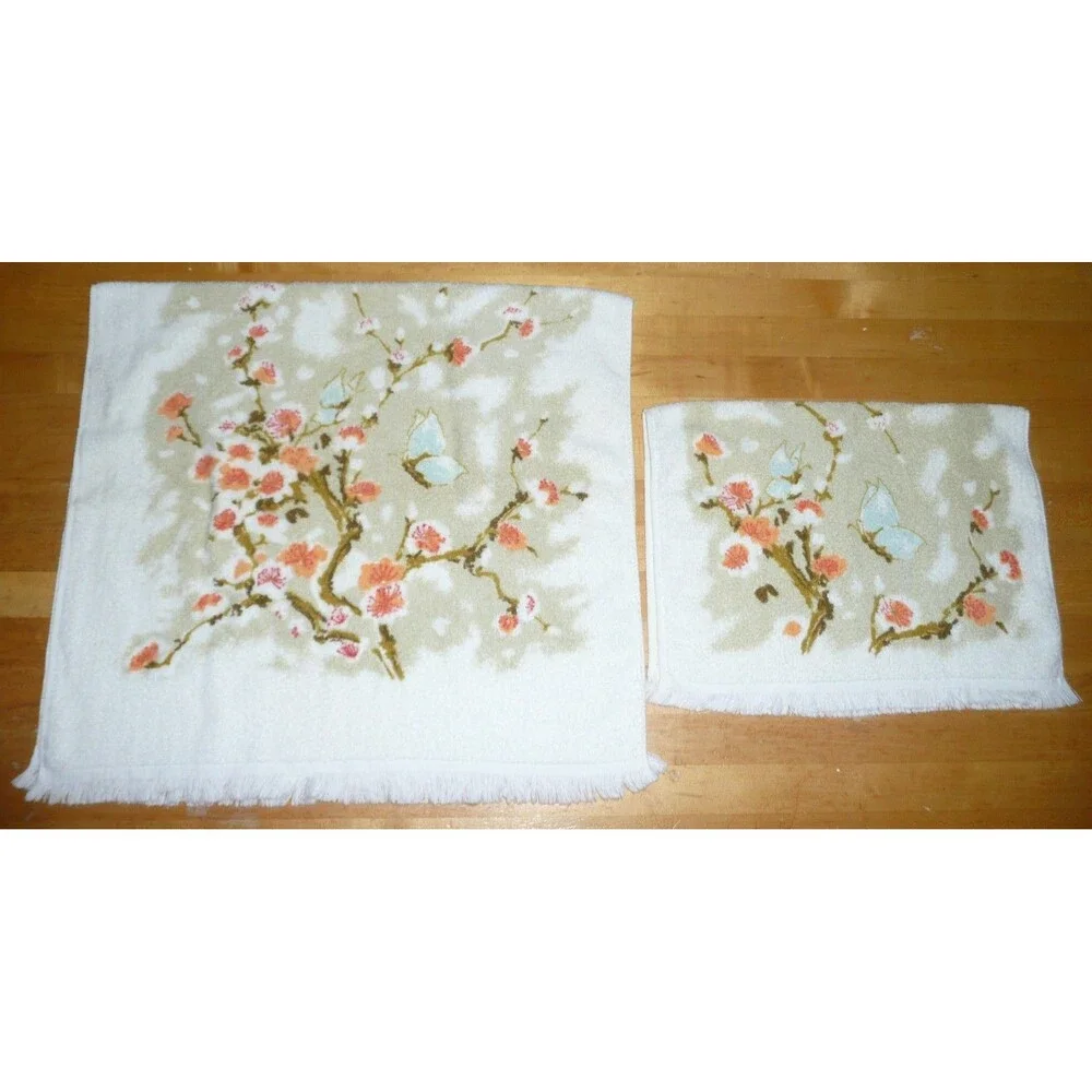 VTG set Leshner Cotton Bath + Head Towel Butterfly Floral Branches Butterflies